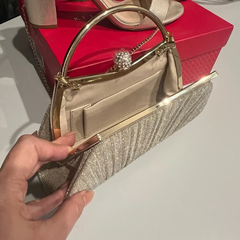 Sand Gold Handle Evening Clutch w/ Stone Closure & Chain Strap-Elegant - Picture 2 of 4